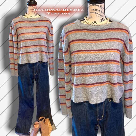 Emory Park Retro Fuzzy Grey Striped Pullover Lightweight Sweater, Medium - Picture 1 of 6